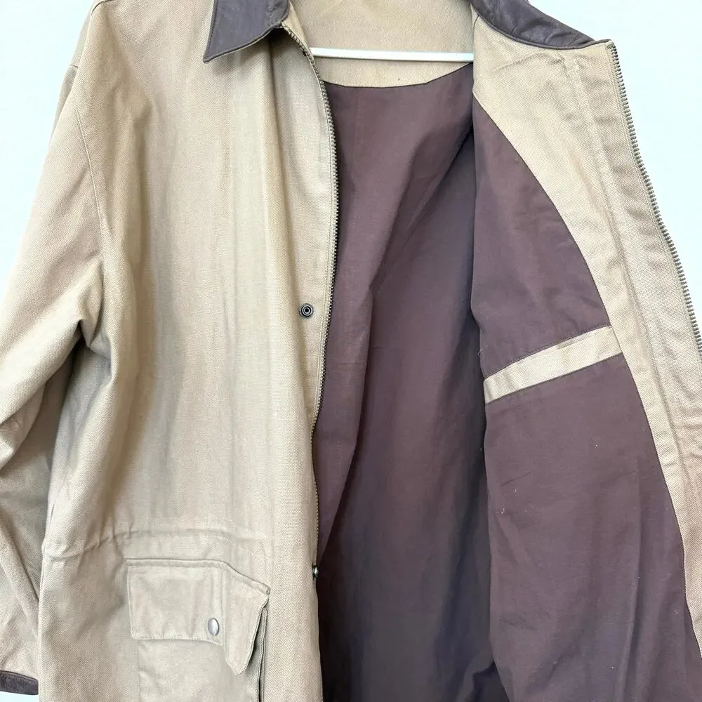 Marlboro Style Canvas Barn Coat Leather‎ Collar XL Tan Cotton Outdoor Western